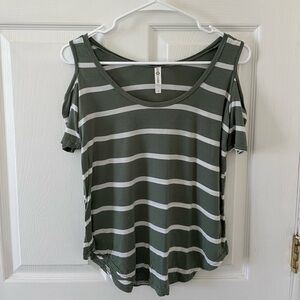 Love Charm Olive Striped Cold Shoulder Tee
